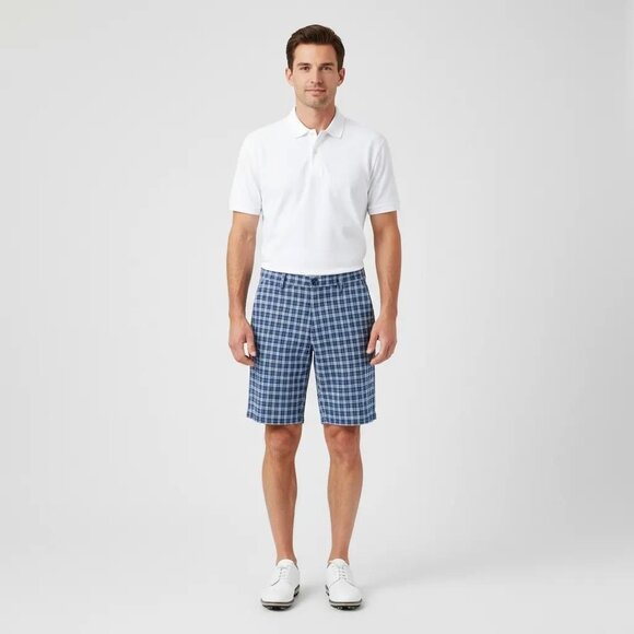 Chaps 78 Men's Classic Fit Flat Front Plaid Check Golf Shorts Blue/White Size 34 - Picture 1 of 11